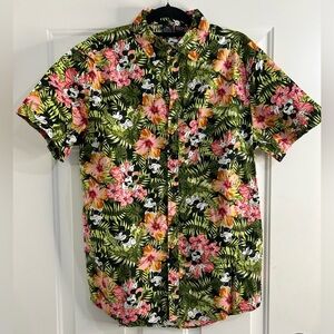 Disney Men's Mickey Mouse Floral Jungle Hawaiian Print Button Down Shirt Size L